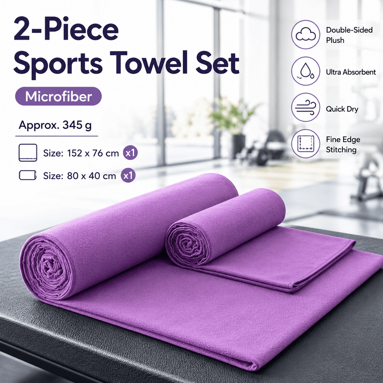 2 Piece Purple Microfiber Sports Towel Set - 152 × 76 cm and 80 × 40 cm