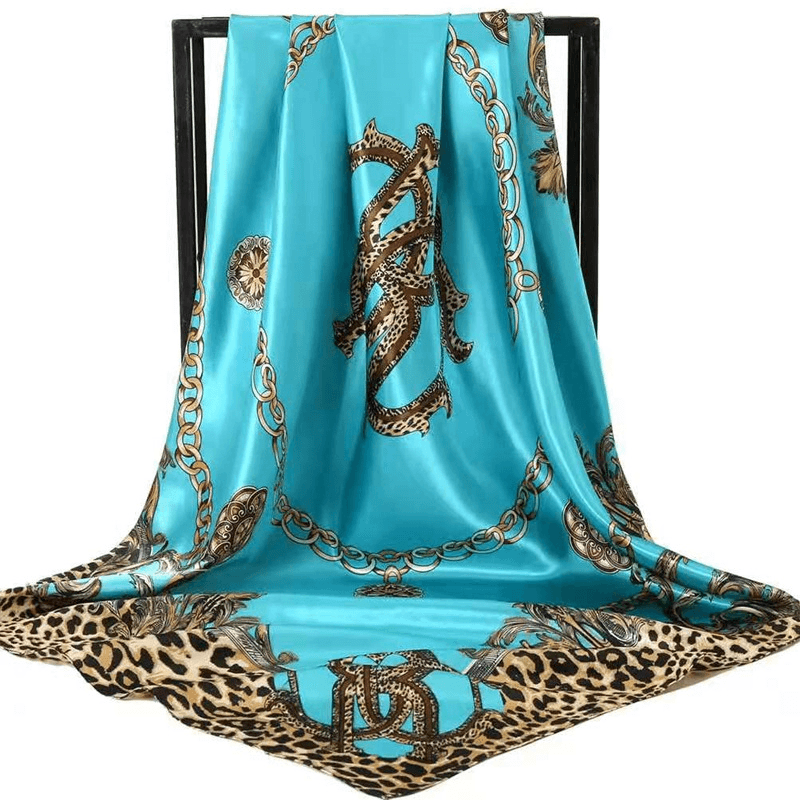 Blue Leopard Print Chain Pattern 90 × 90 cm Satin Silk Scarf for Women
