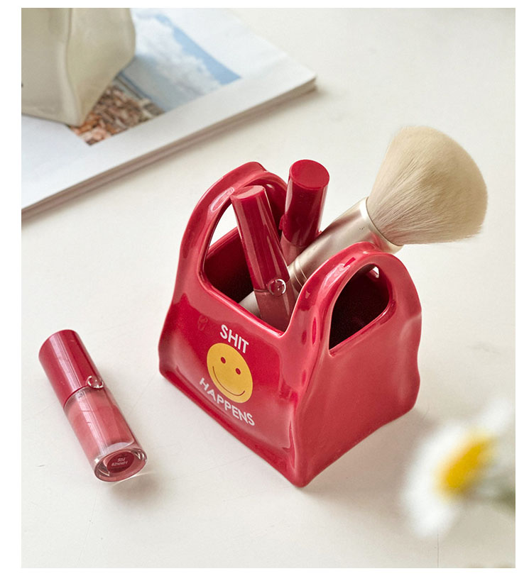 Red Ceramic Mini Tote Bag Pen Holder - Creative Desktop Storage Organizer