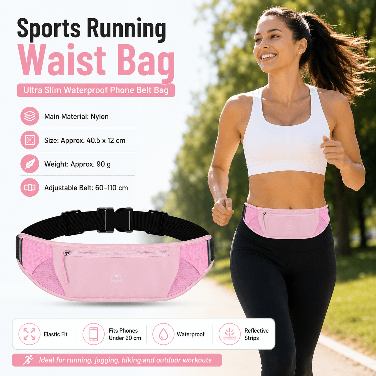 Pink Running Waist Pack-Made of waterproof nylon with an adjustable strap