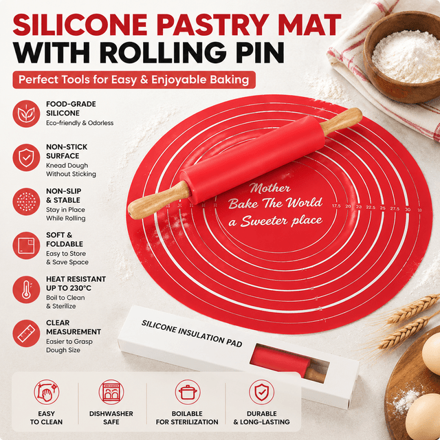 2-Piece Red Nonstick Silicone Dough Mat and Rolling Pin - Non Slip Baking
