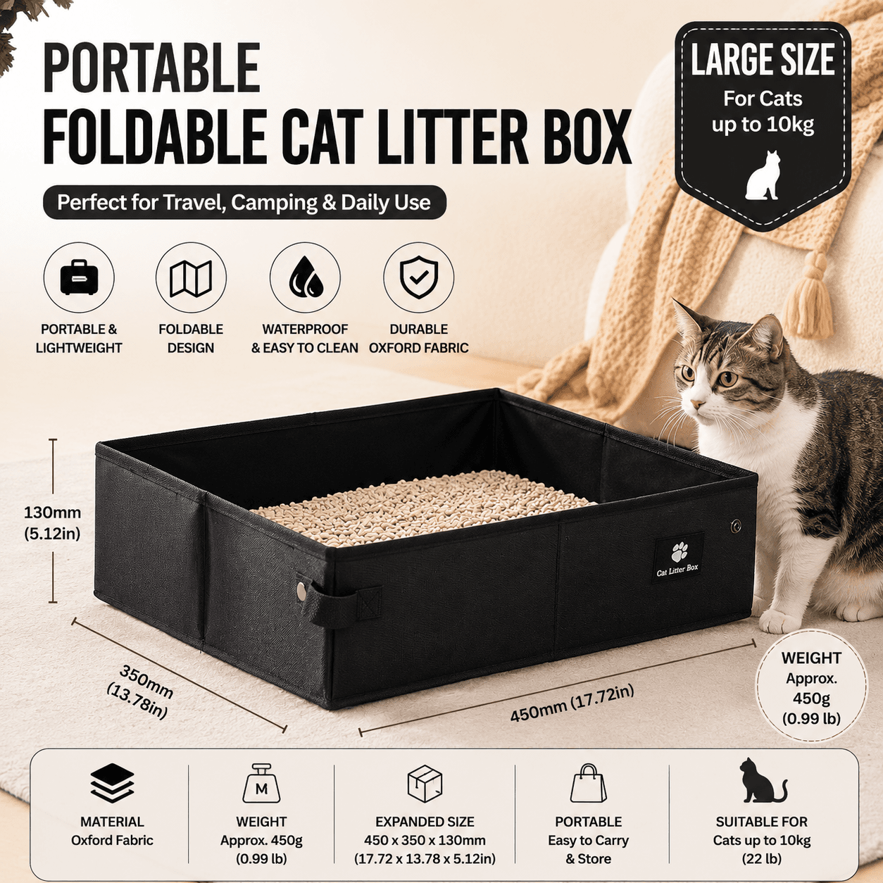 Black Large size Portable Foldable Cat Litter Box - Oxford Fabric