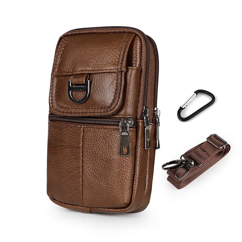 Brown Leather Belt Phone Pouch - Multi-Pocket Waist Bag with Shoulder Strap