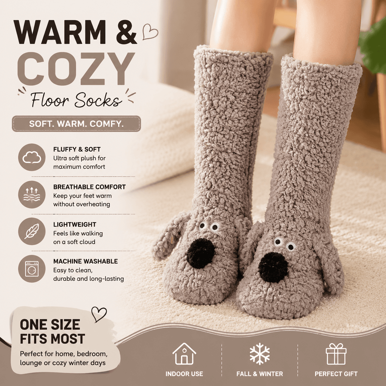 Animal Plush Floor Socks - Gray-brown Puppy Thickened - Gray Brown Warm