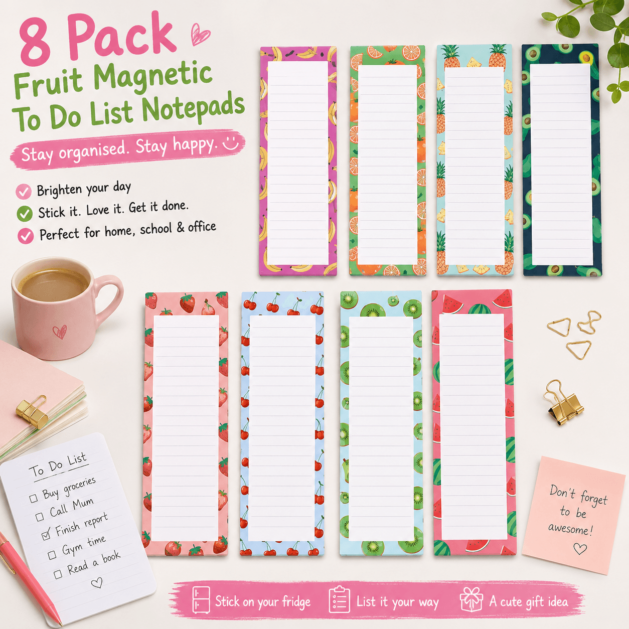 8 Pack Fruit Magnetic Notepads for Fridge (Type A), Shopping List Planner