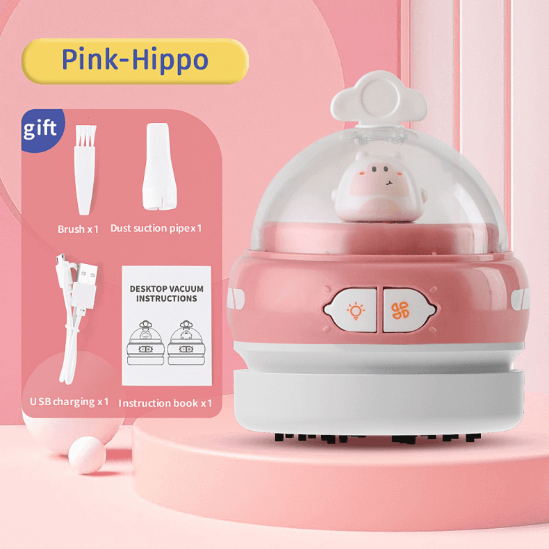 Pink-Hippo Mini Animal Desktop Vacuum Cleaner - USB Rechargeable, Night