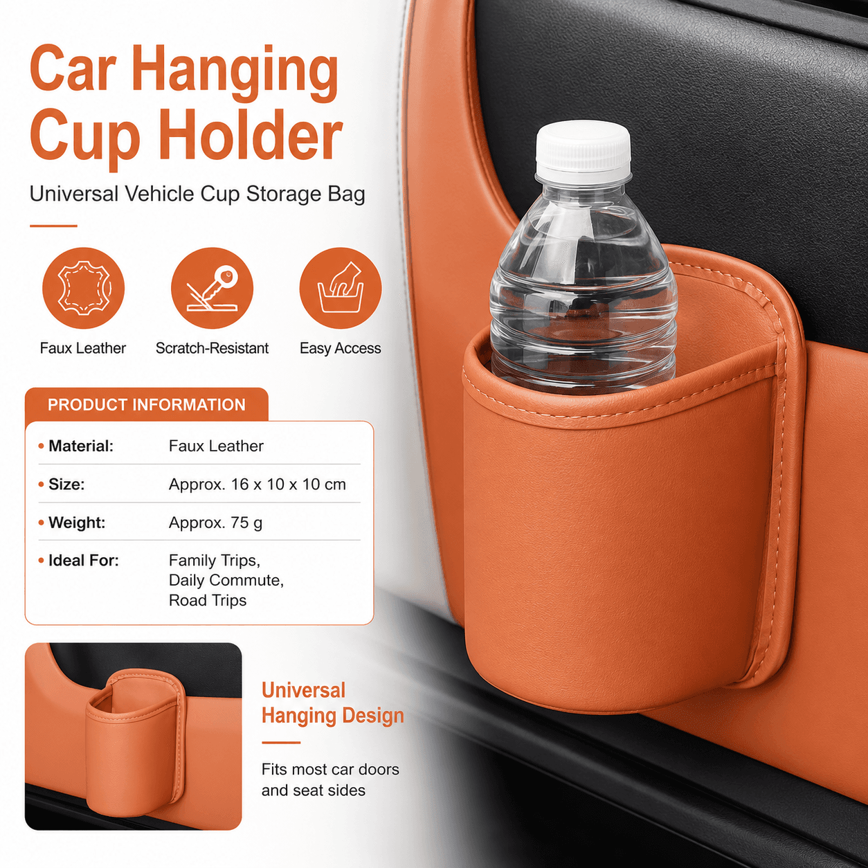 Orange Universal Car Door Cup Holder - PU Leather Hanging Storage Organizer