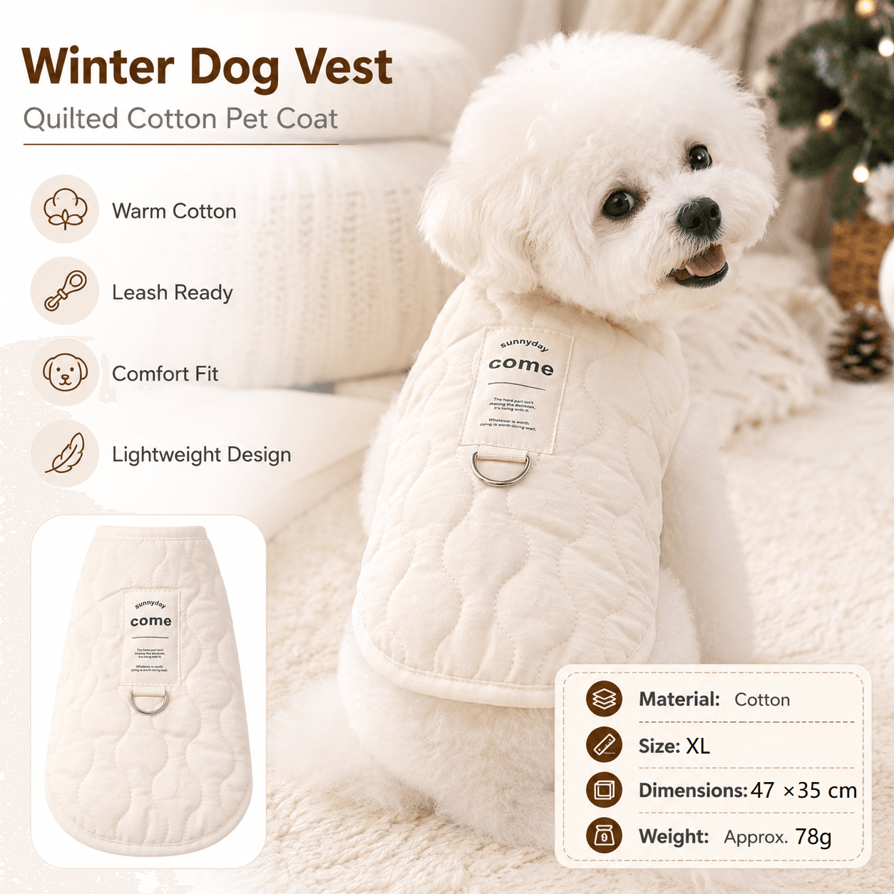 Beige XL Size 47 × 35 cm Fleece-lined thickened dog vest - Cotton Fleece