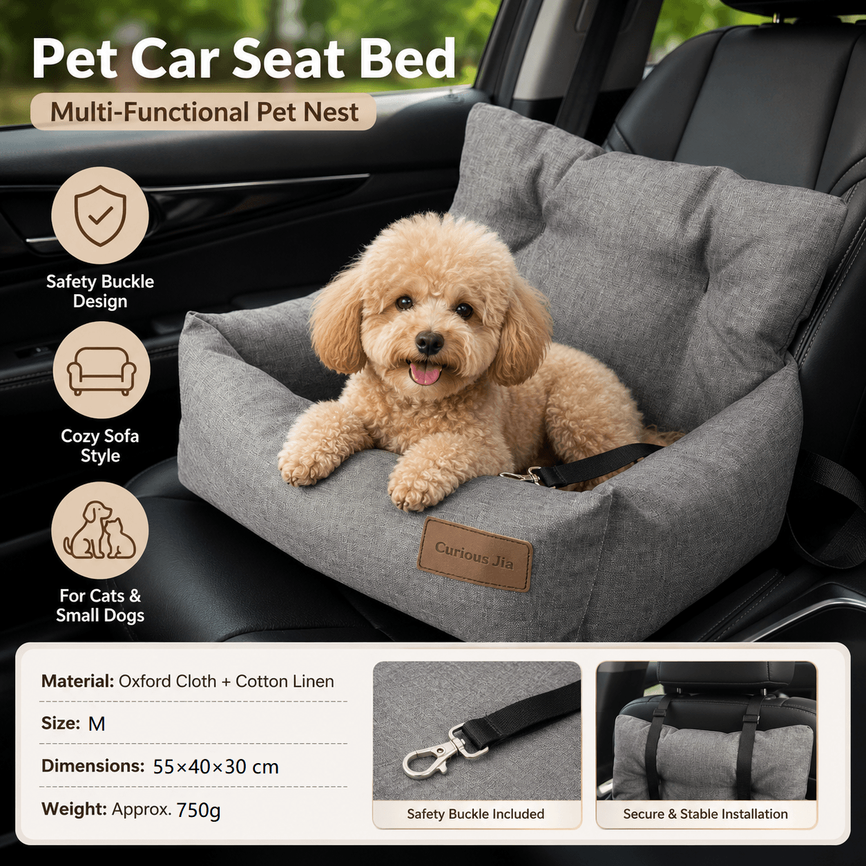 Grey M Size 55 × 40 cm Car pet bed -Oxford Linen Removable Washable Non-Slip