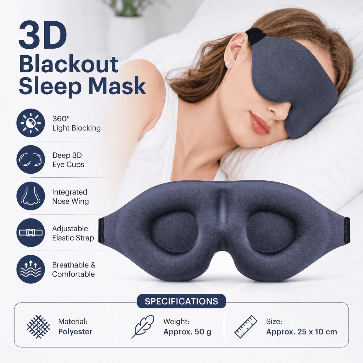 Grey 3D Contoured Sleep Eye Mask - 360 Degree Blackout Blindfold