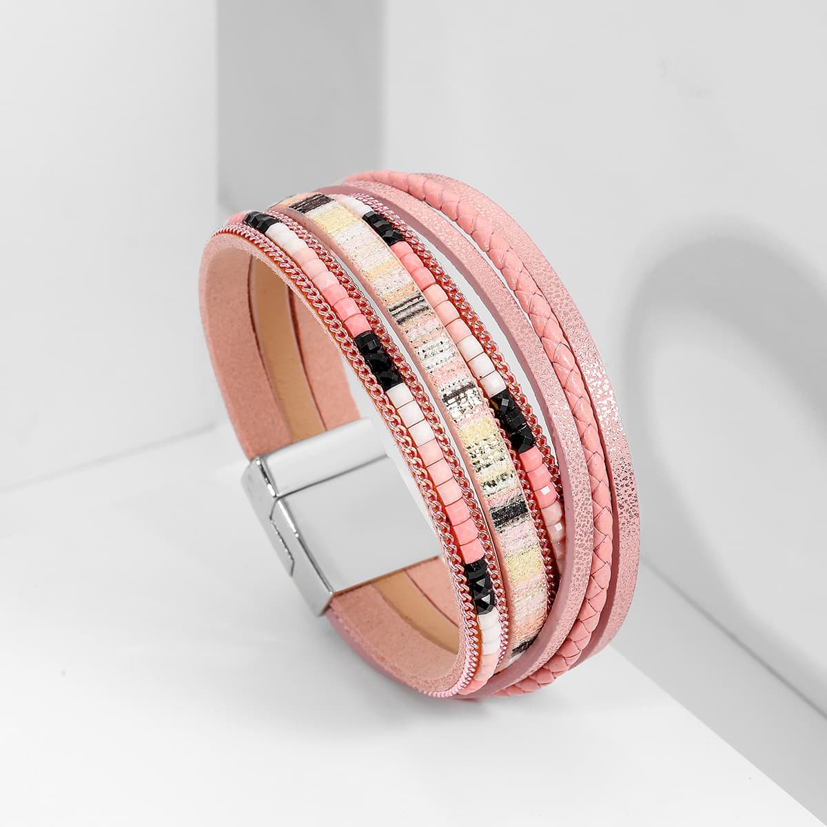 Pink Bohemian Multi-Layer Leather Bracelet for Women - PU Faux Leather