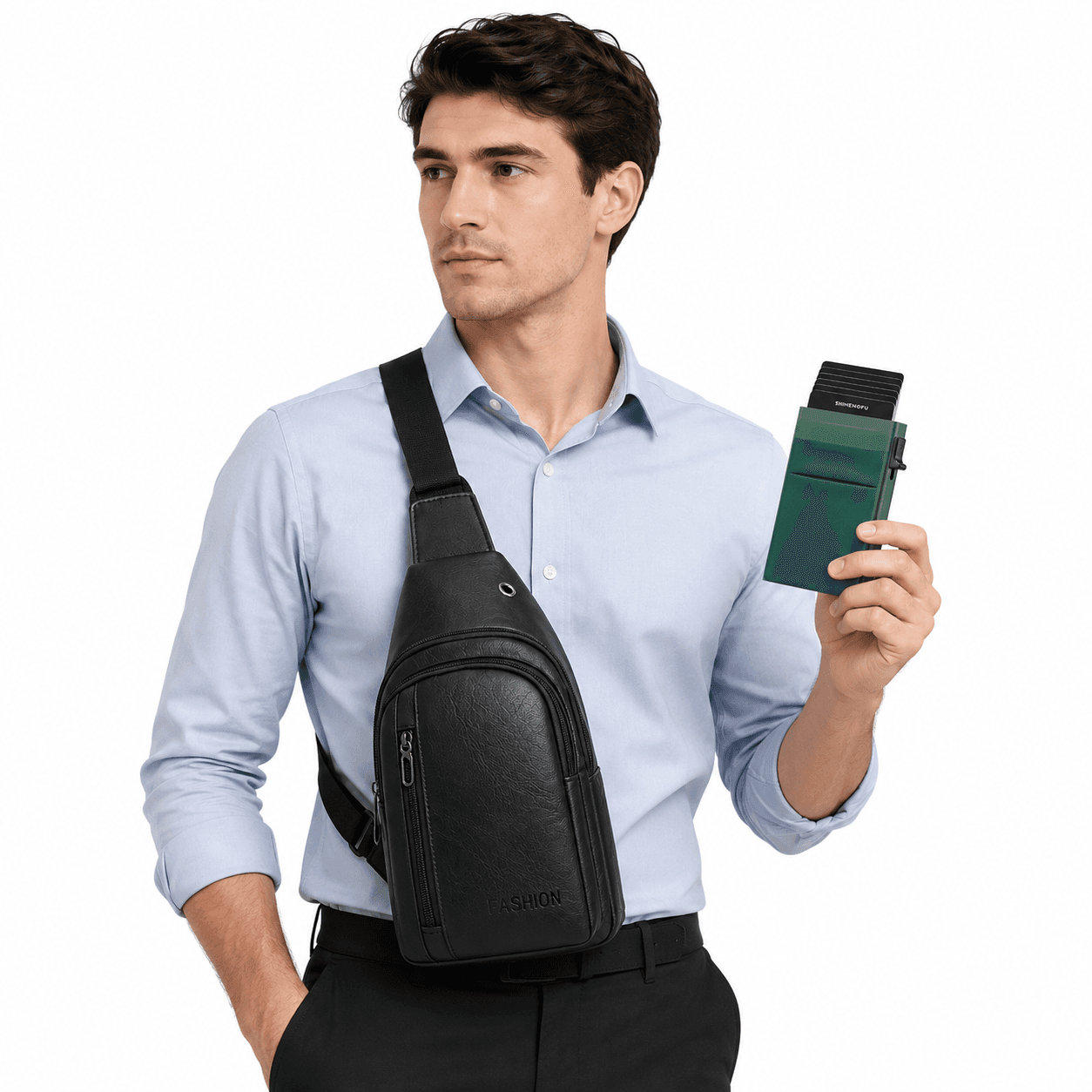 Office Commuter Business Set-Black Men's PU Leather Chest - Black and Green