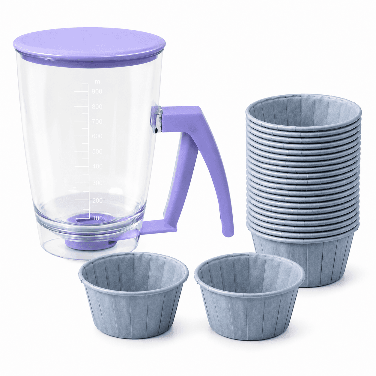 Handheld Batter Dispenser - 900 ml with 50 Blue Cupcake Liners - Purple