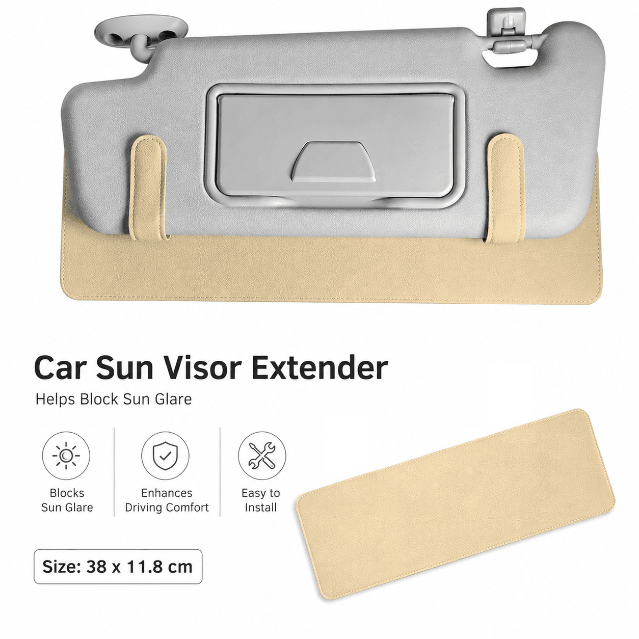 Beige Car Sun Visor Extension Panel 38 cm x 11.8 cm - Glare Reduction, Easy