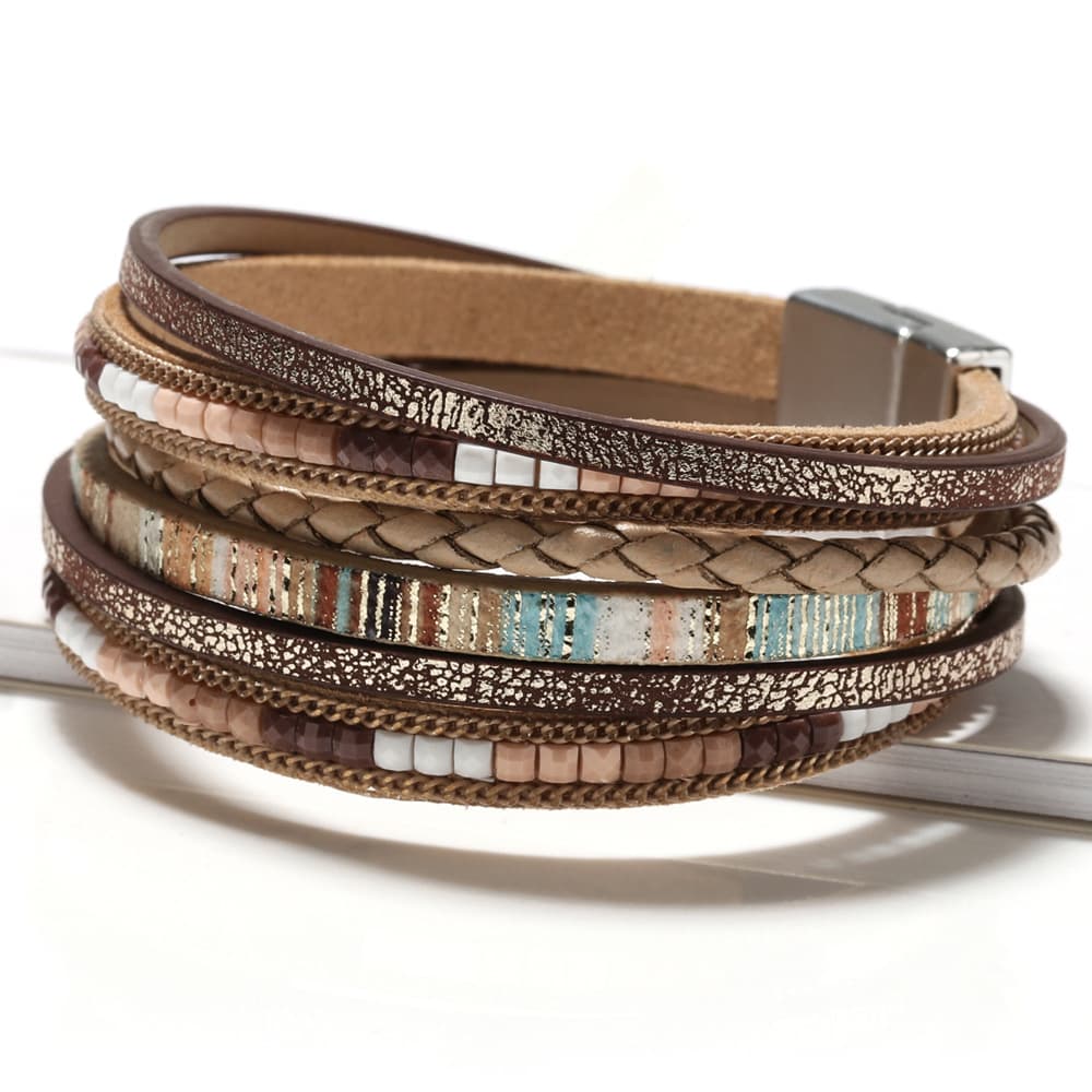 Khaki Bohemian Multi-Layer Leather Bracelet for Women - PU Faux Leather