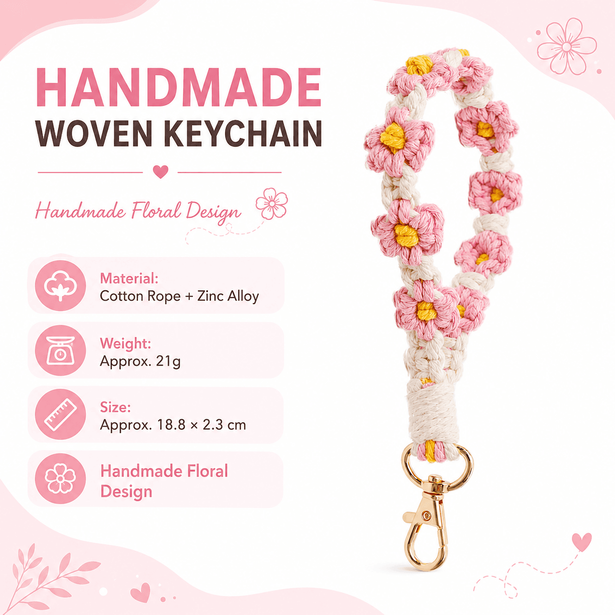 Pink Boho Daisy Handmade Braided Wrist Strap Keychain - Floral Crochet
