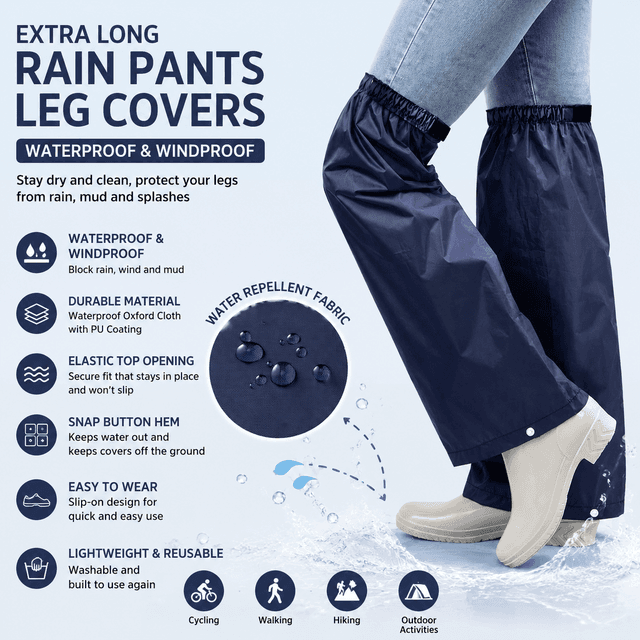 Navy Blue Waterproof Rain Leg Covers and Long Half Rain Pants - 1-Pair 3XL