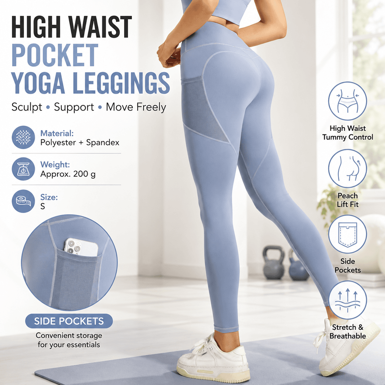 Blue S Size Women's High Waist Yoga Leggings with Mesh Side Pockets - Squat
