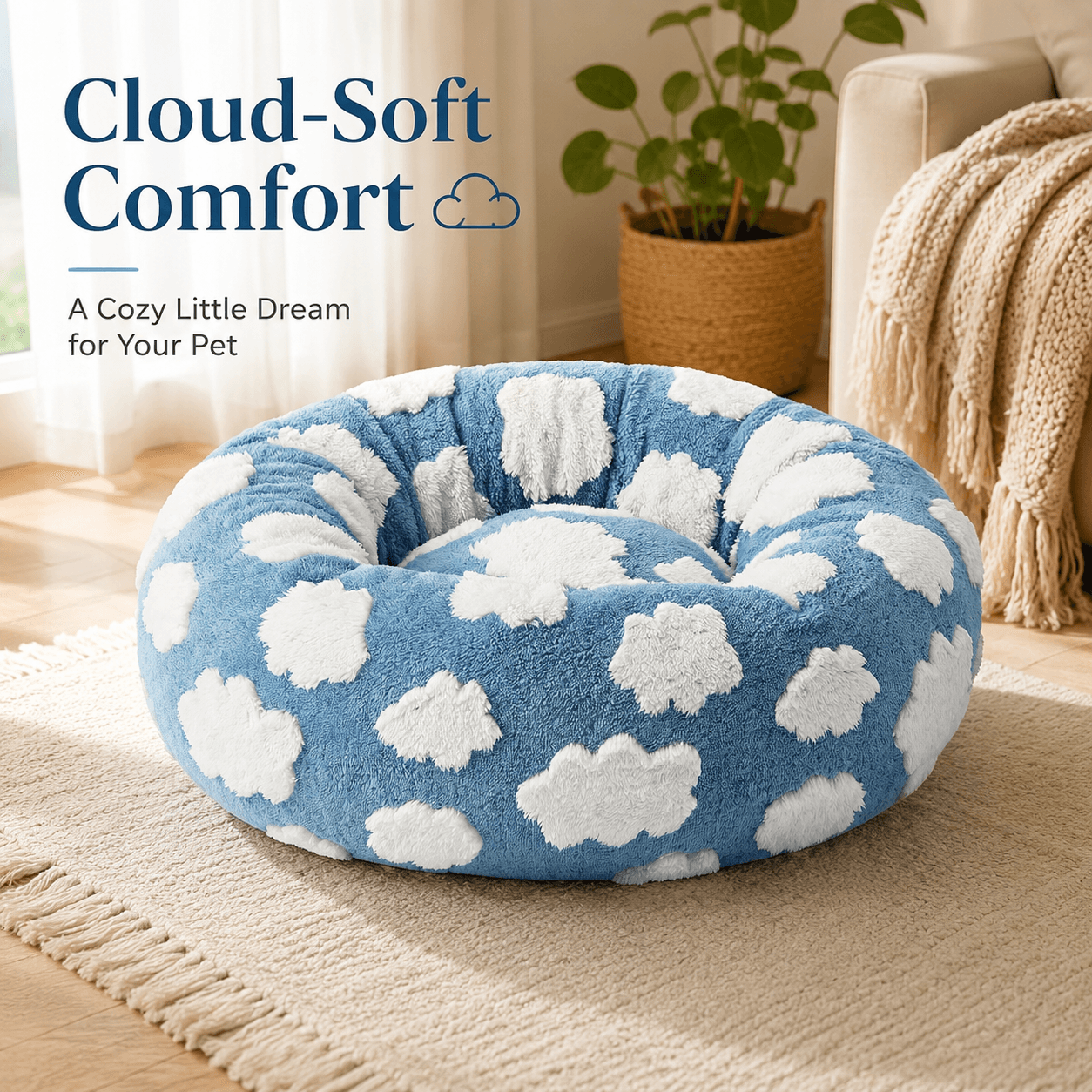 Medium Large Pet Donut Bed (Blue with white clouds) -80 cm outer diameter