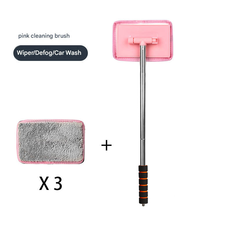 Pink Telescopic Car Windshield Cleaning Brush with 3 Replacement Microfiber