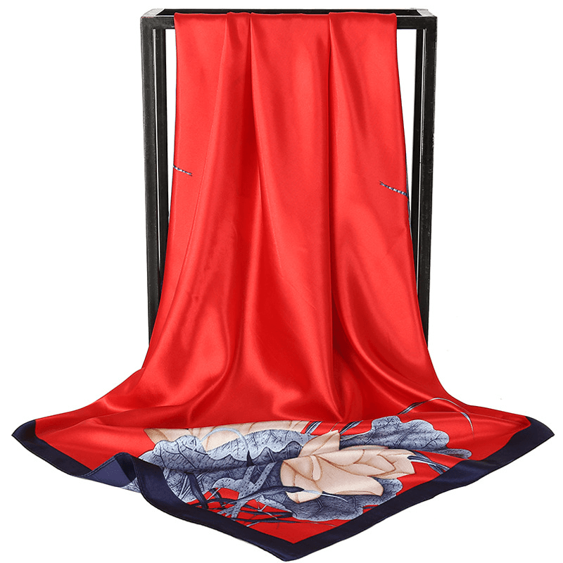 Red Dragonfly and Lotus Flower Painting 90 × 90 cm Satin Silk Scarf