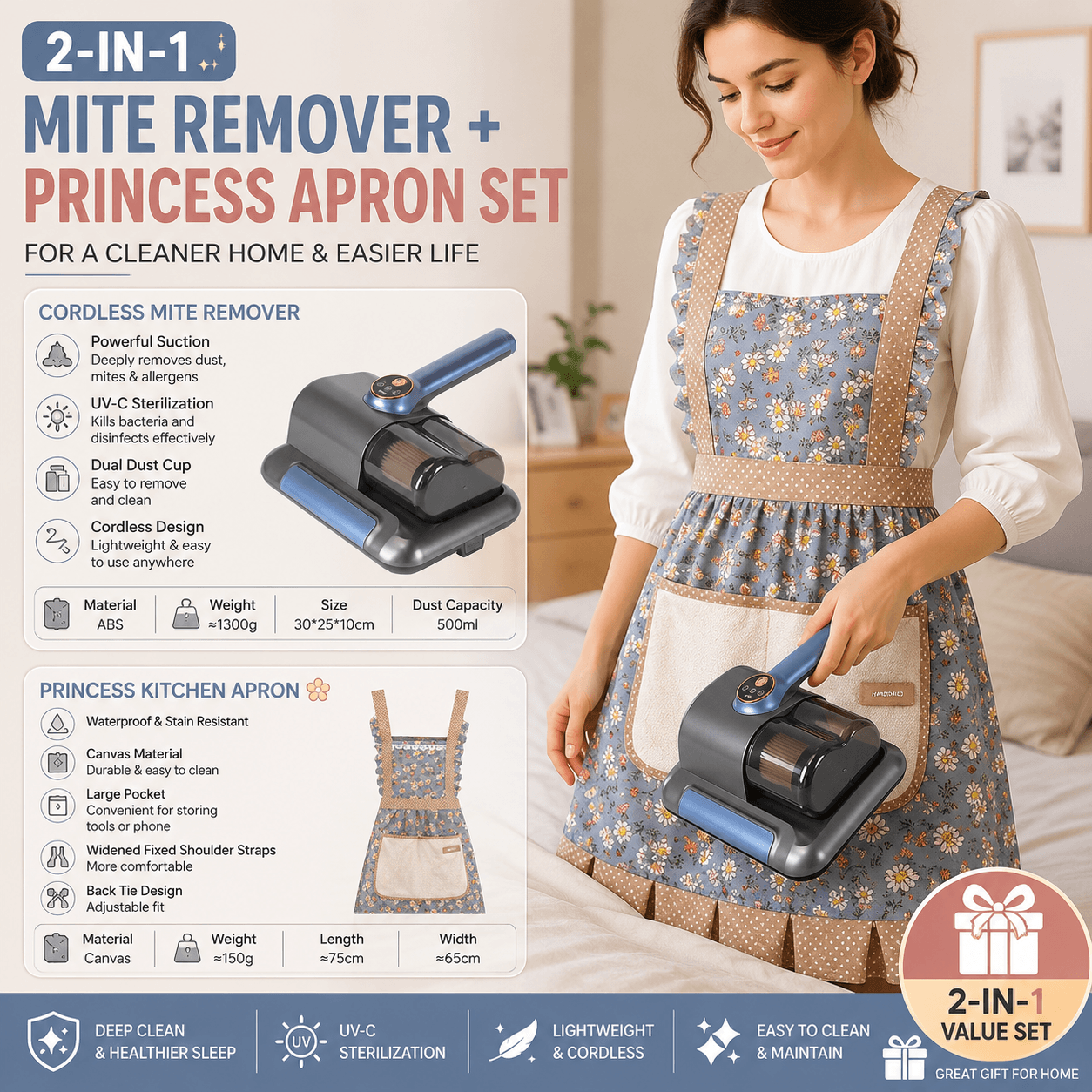 Home Clean Essential 2-piece set -Black Wireless UV Mite Remover - Blue