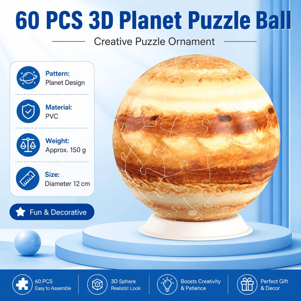 60 Piece 3D Jupiter Puzzle Ball - PVC Sphere Model, Educational Space Toy