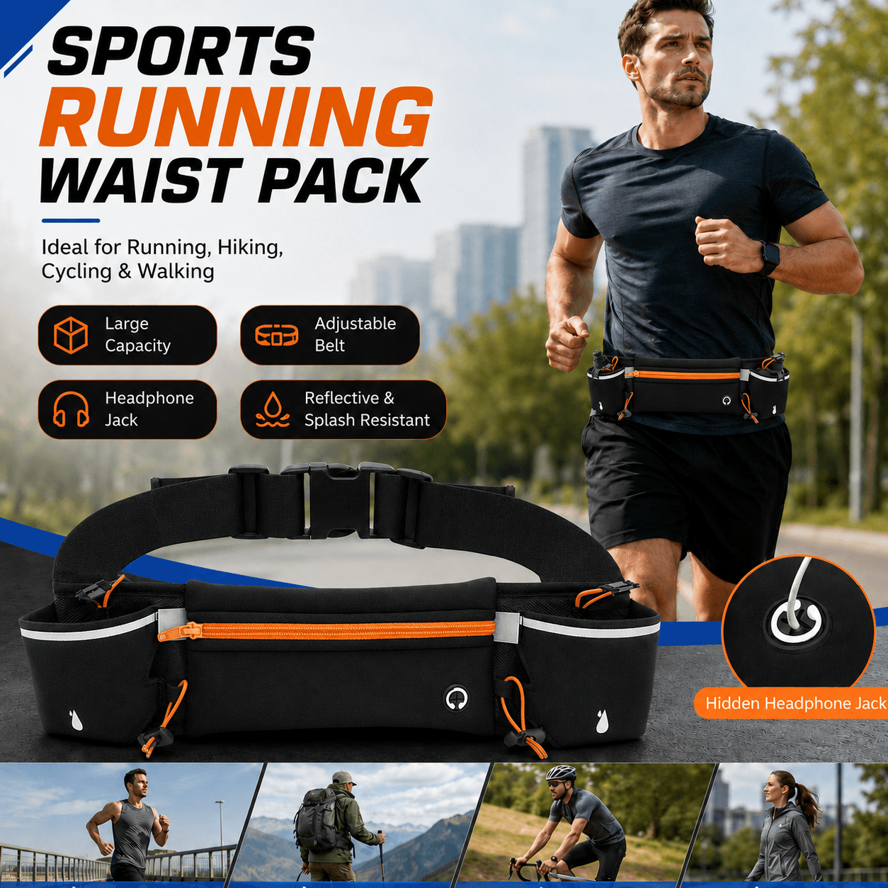Orange Running Waist Pack Sports Belt with Water Bottle Holder Adjustable
