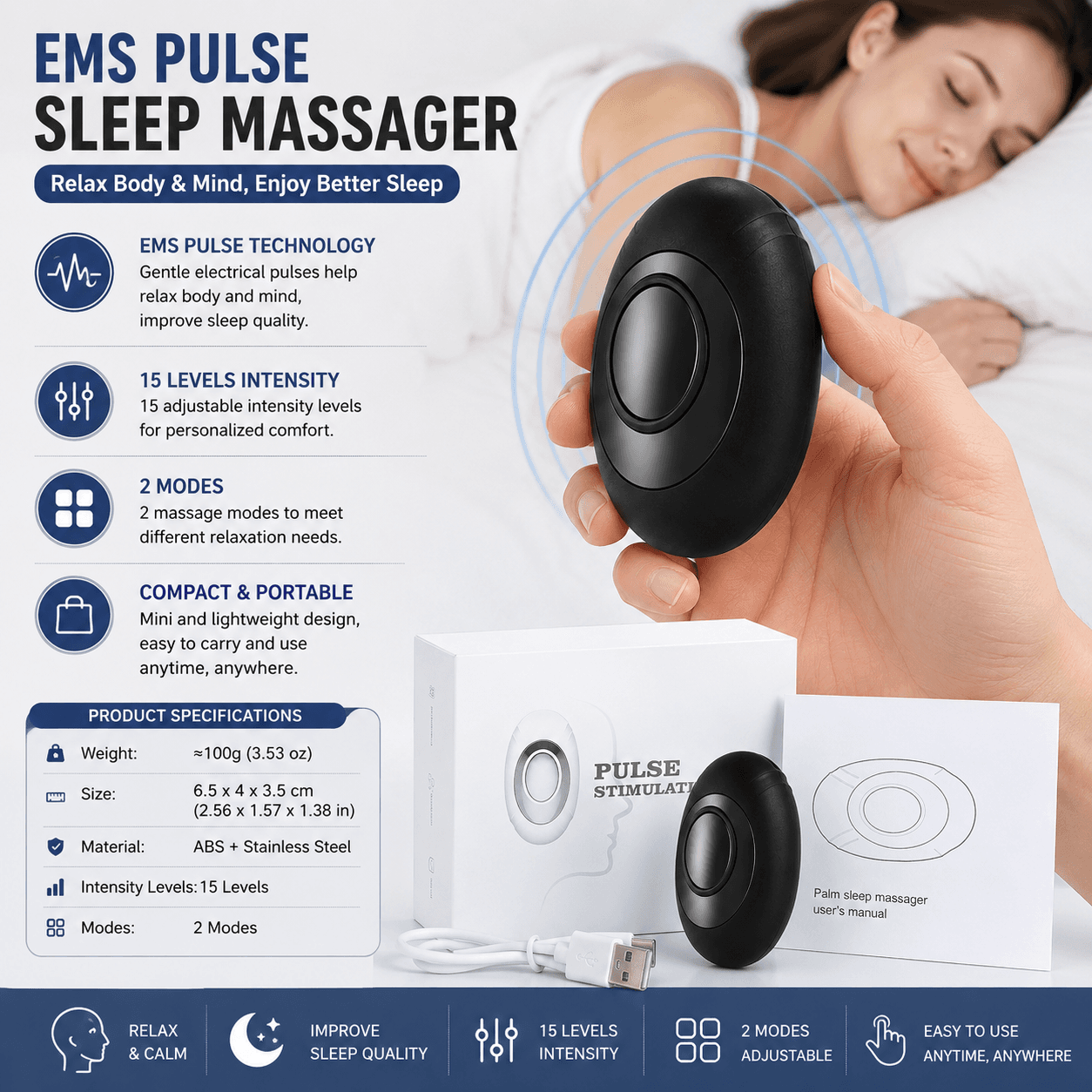 Black Portable EMS Pulse Sleep Aid Device - 15 Adjustable Levels, Dual Mode