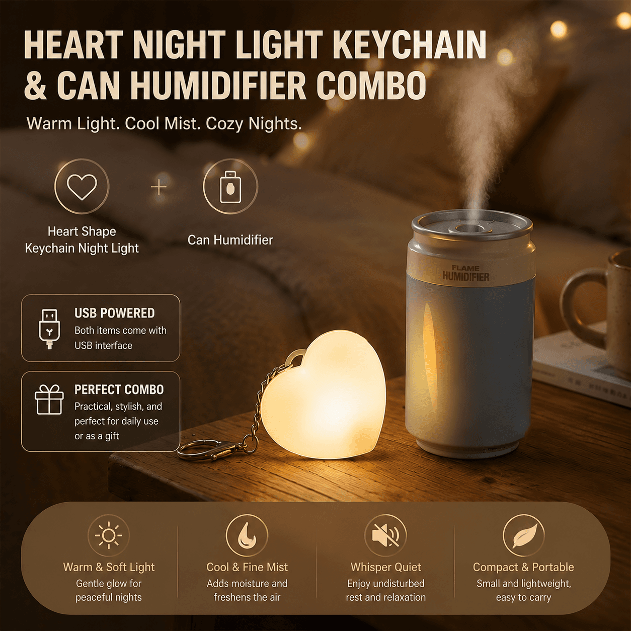 Heart Touch Sensor LED Keychain Light + Blue Mini Can Humidifier
