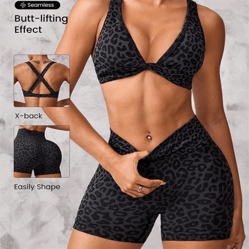 Leopard Print Yoga Set - Twist Front Sports Bra with Criss Cross - Size:S