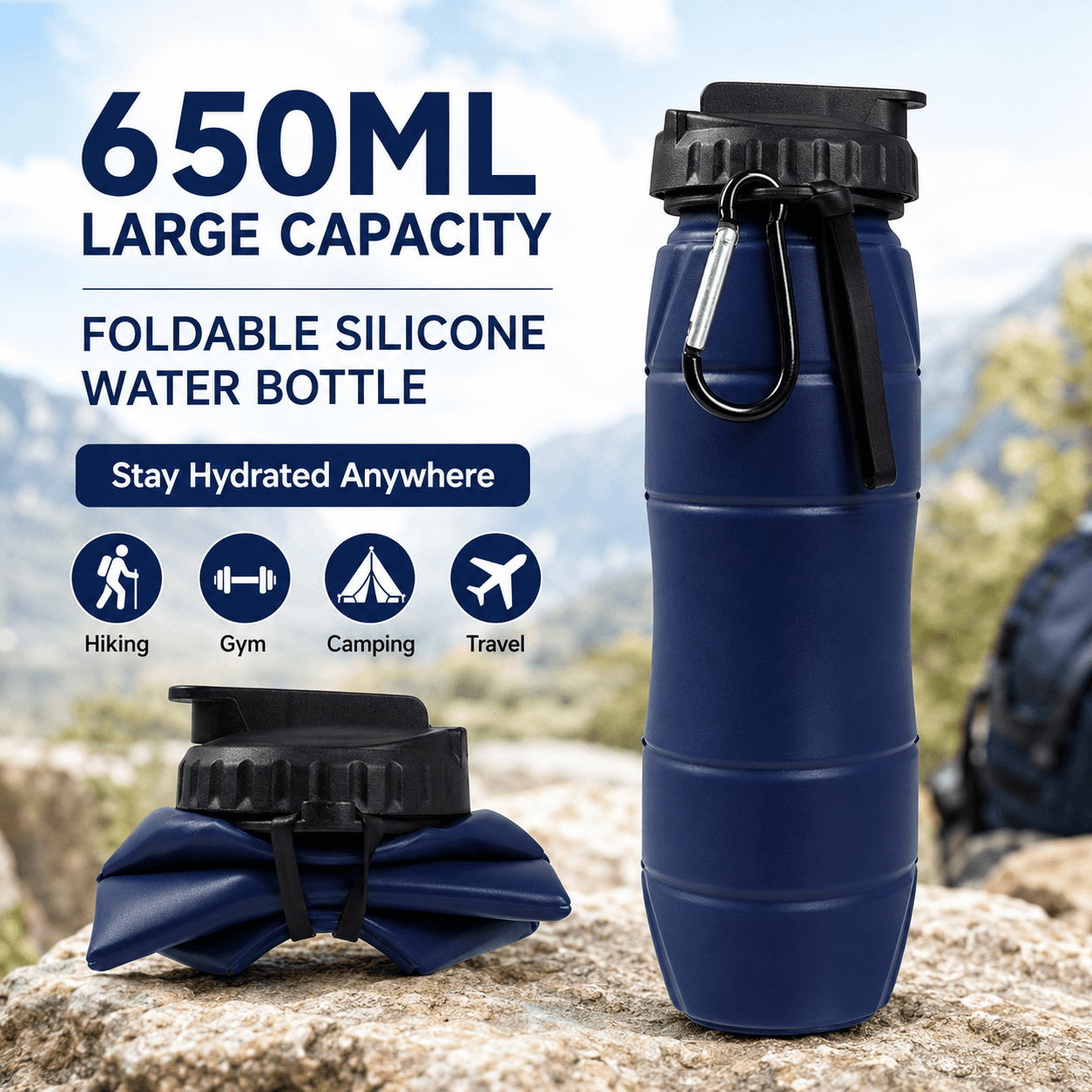 Dark blue Collapsible Silicone Water Bottle - 650 ml Foldable Travel Bottle