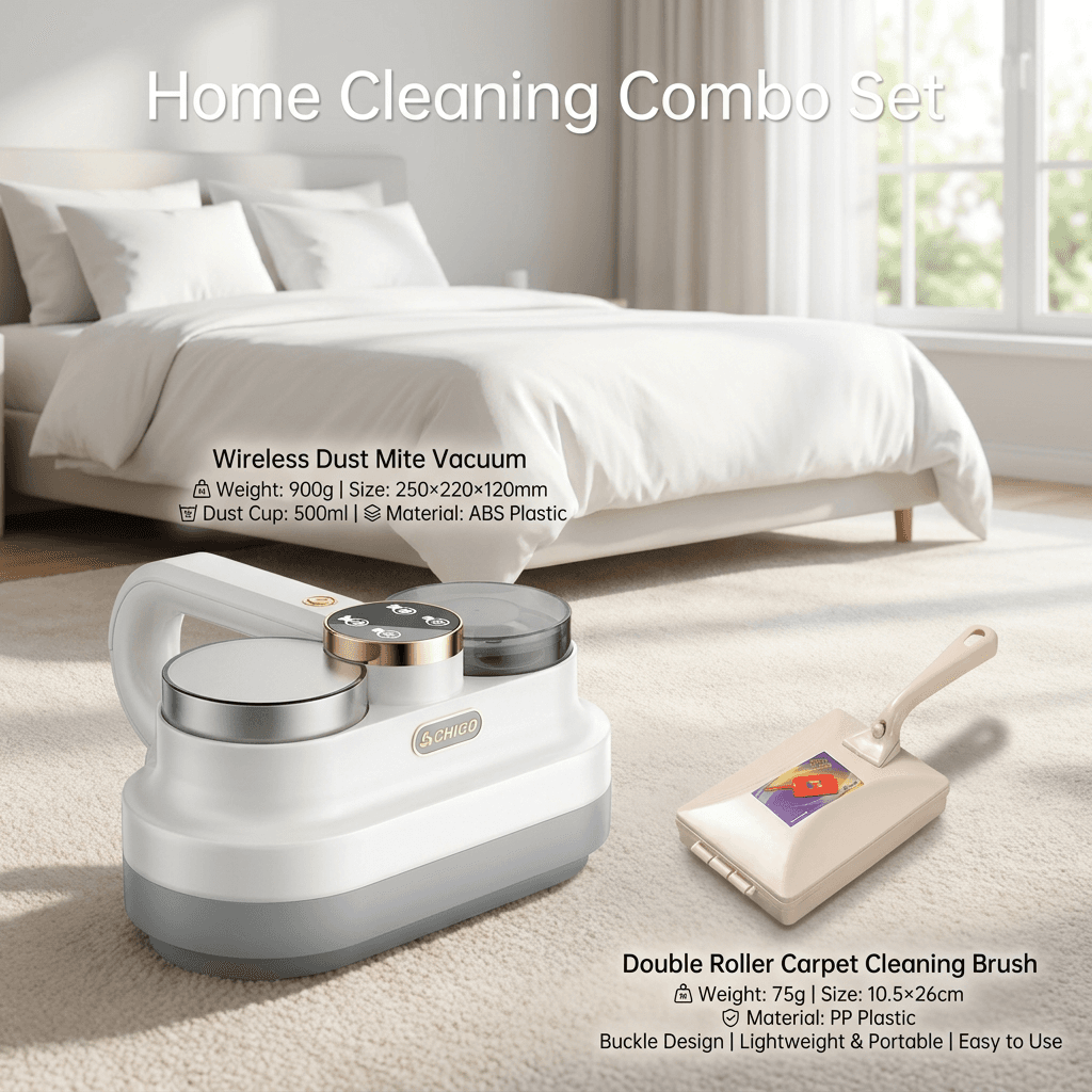 Winter Cleaning Kit White Wireless Dust Mite Vacuum and Beige Double Roller