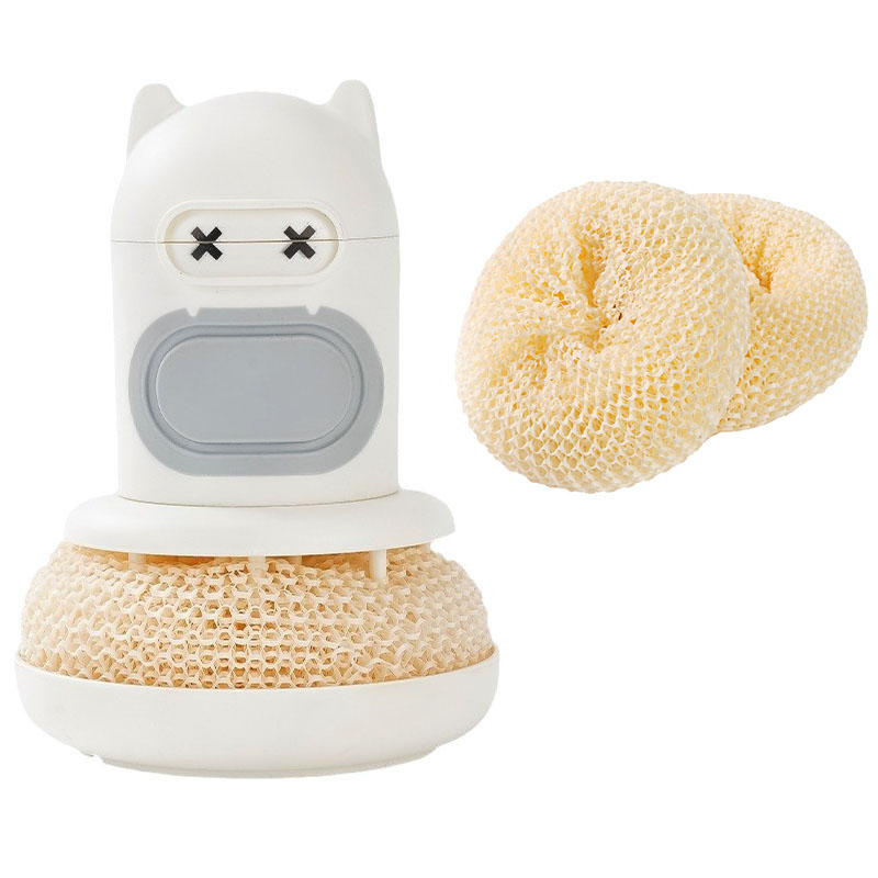 White Cartoon Press Dishwashing Brush with Replaceable Sponge Heads Kitchen