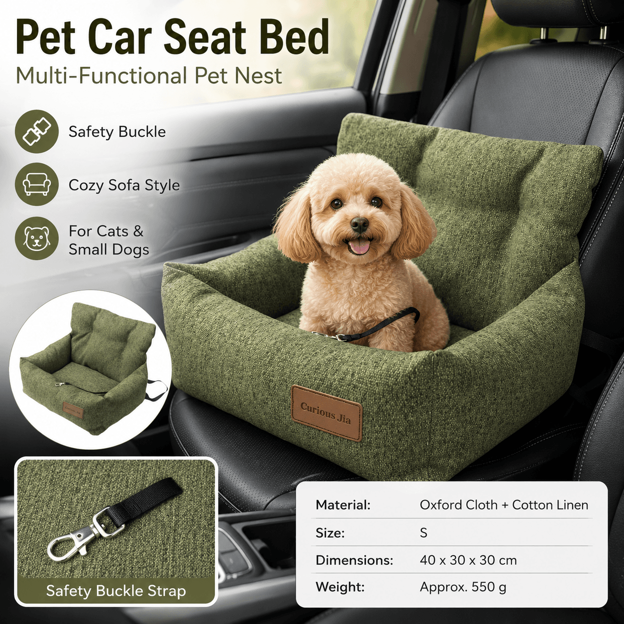 Green S Size 40 × 30 cm Car pet bed -Oxford Linen Removable Washable