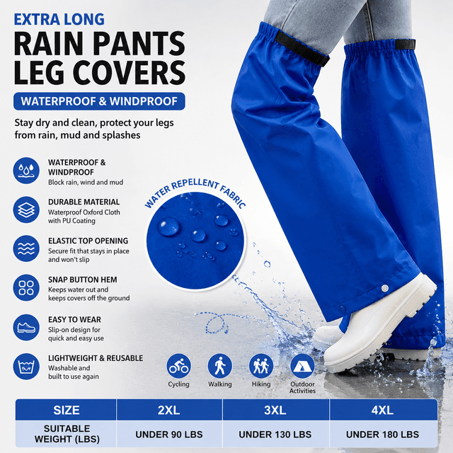 Royal Blue Waterproof Rain Leg Covers and Long Half Rain Pants - 1-Pair 4XL
