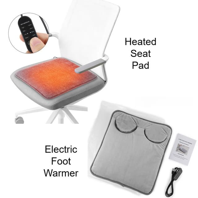 Grey Portable Versatile USB Electric Foot Warmer + Heated Seat Pad Set