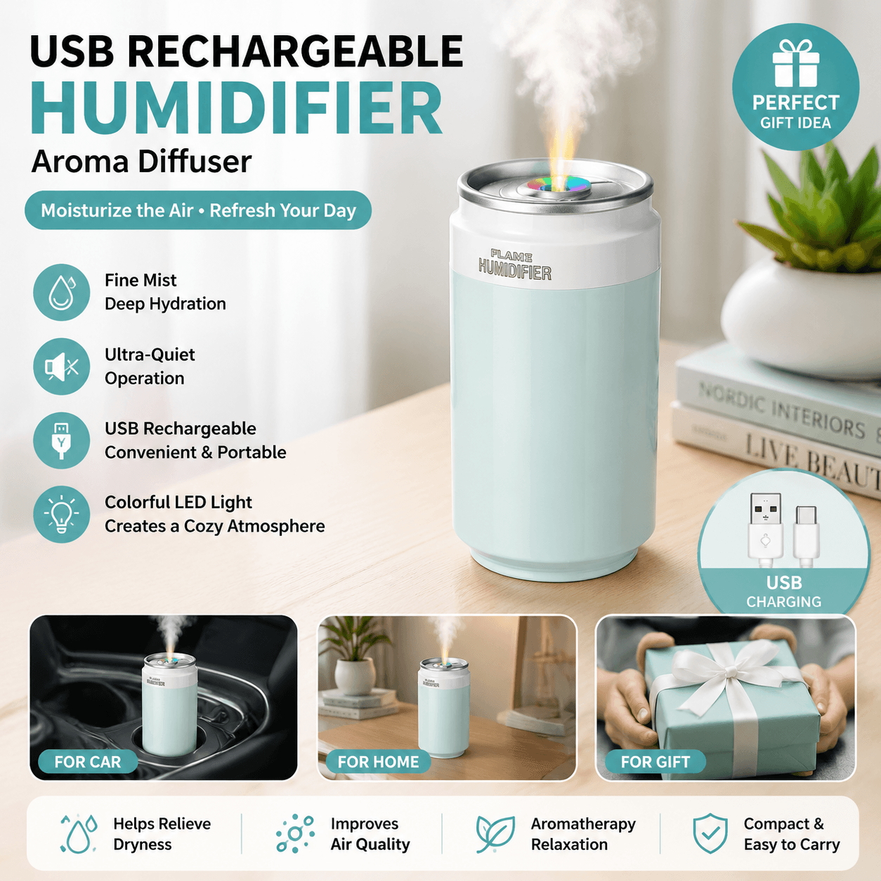 Green USB Rechargeable Humidifier Aroma Diffuser Mini Can Mist Maker