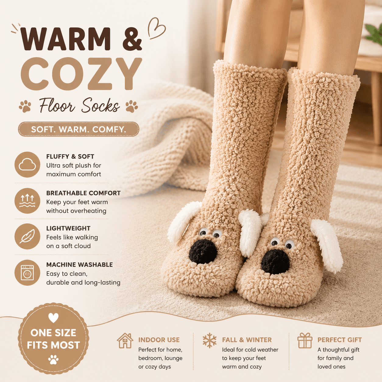Animal Plush Floor Socks - Light coffee Puppy Thickened Coral Fleece