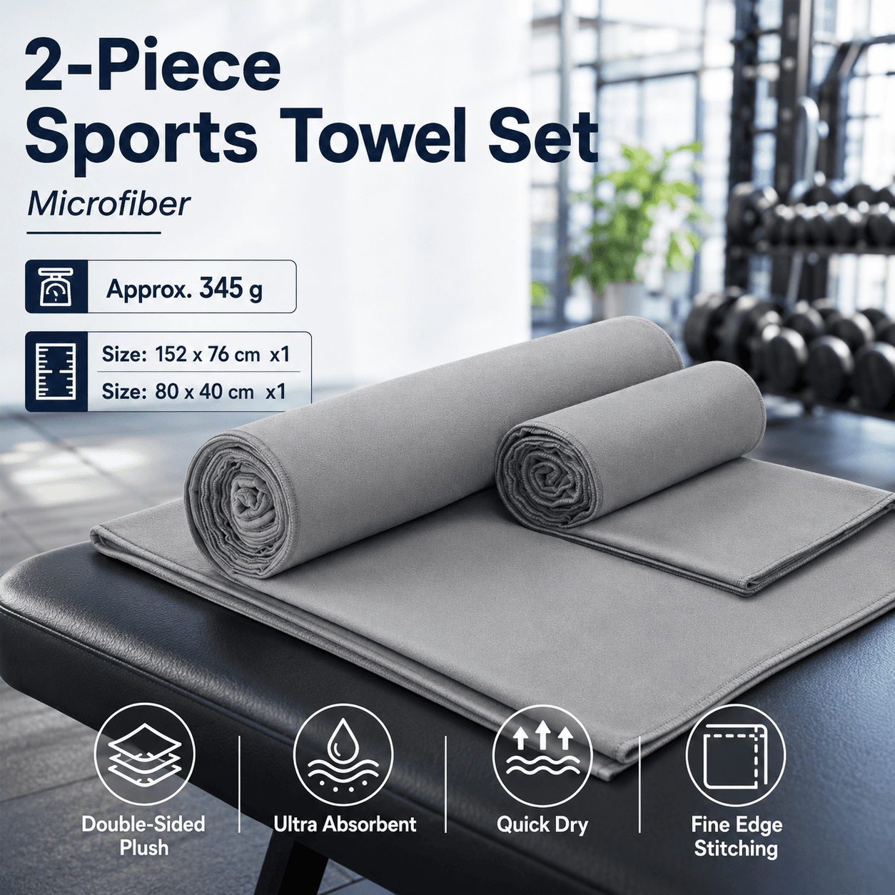2 Piece Grey Microfiber Sports Towel Set - 152 × 76 cm and 80 × 40 cm Quick
