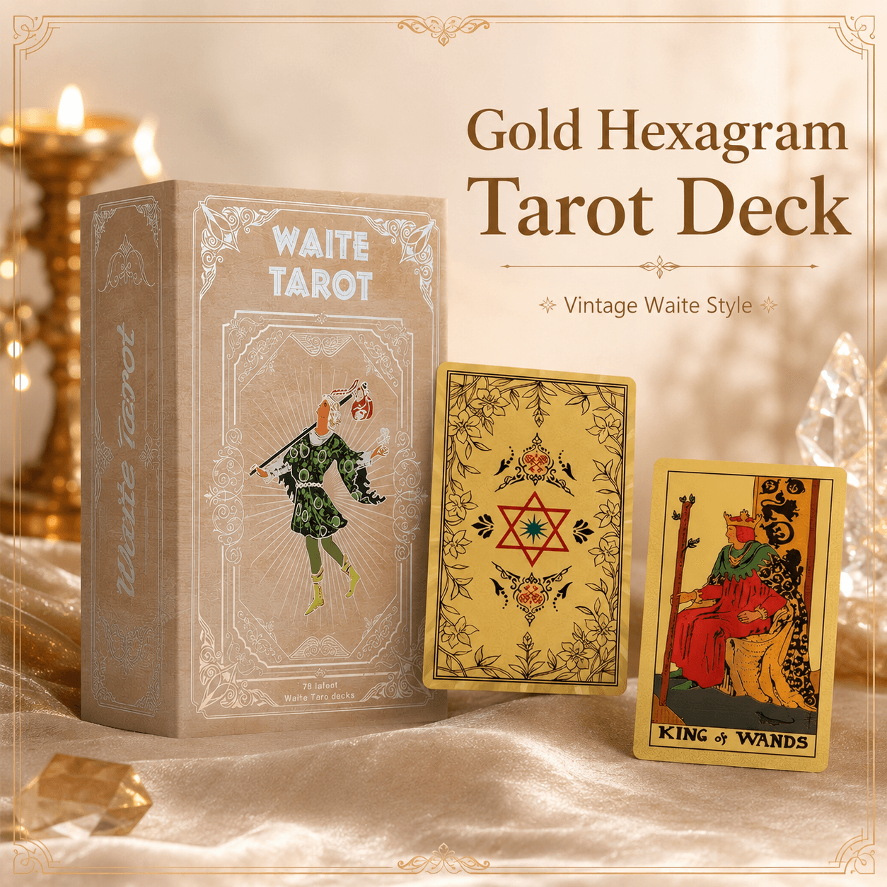Gold Foil Hexagram Tarot Deck Boxed Set Waterproof PVC Plastic 78-Card Waite