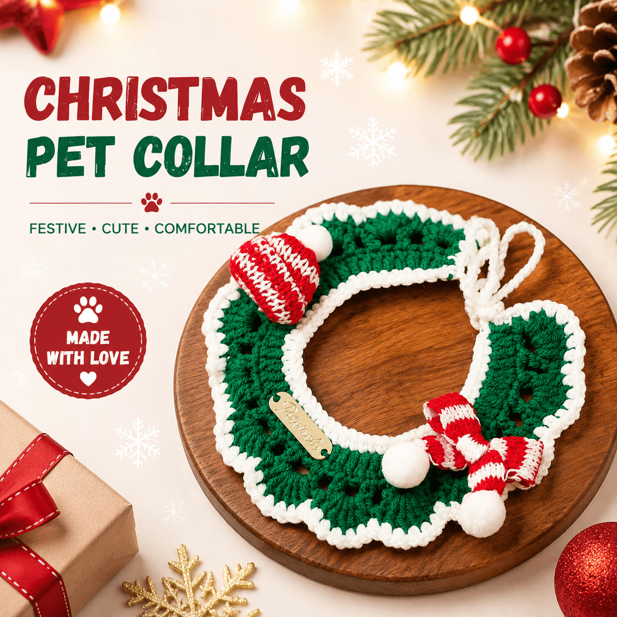 Christmas Pet Collar（Green scarf and hat） Knitted Festive Dog Cat Collar Red