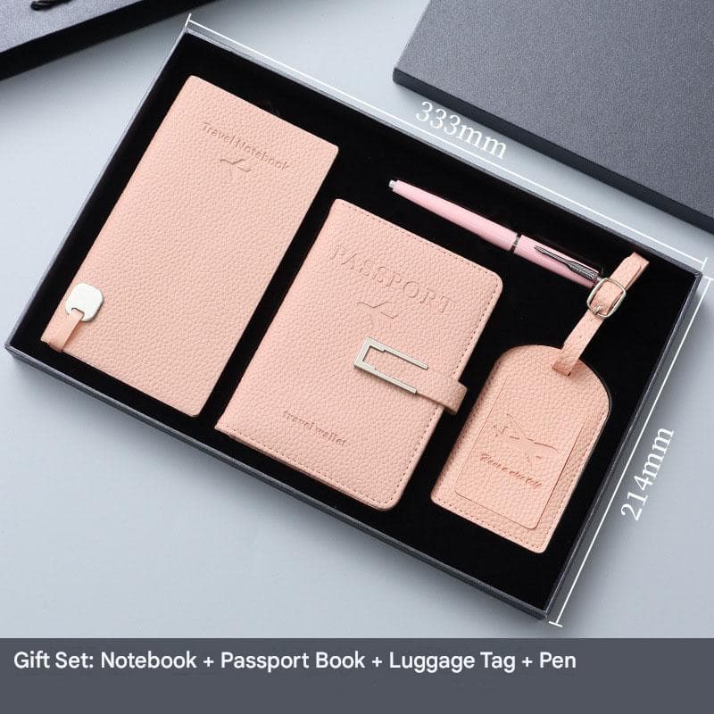 Pink Travel Passport Holder and Notebook Gift Set with Luggage - Pink Gift