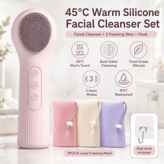 Pink 45°C Constant Heating Silicone Facial Cleansing Brush - Pink Silicone
