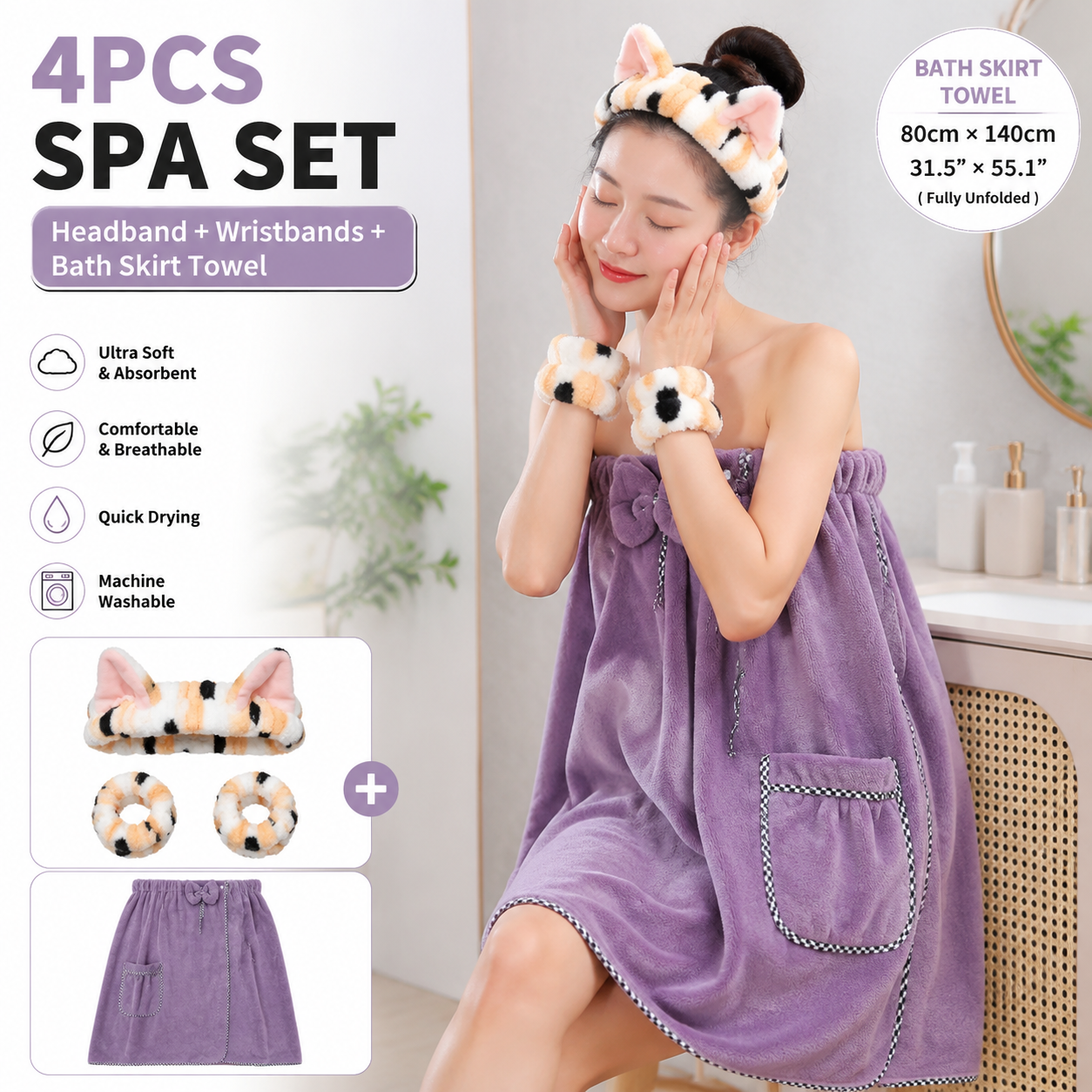 4-Piece Spa Set Bath Wrap Purple bath towel Black - Purple Black yellow