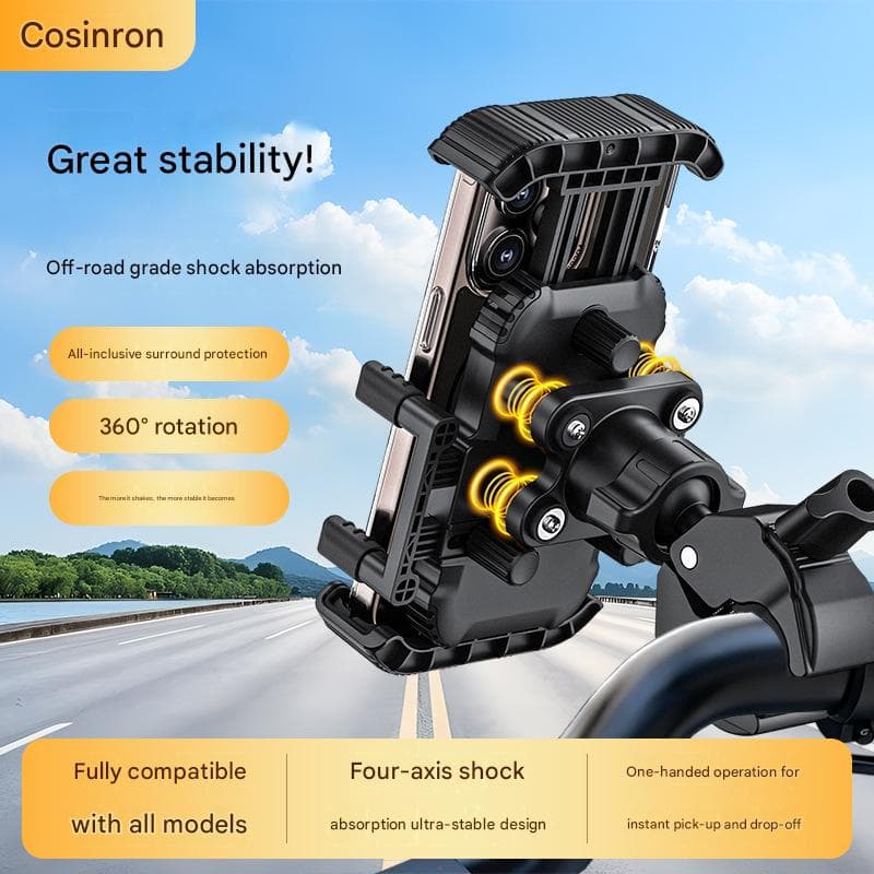Black Motorcycle Phone Holder 4-Axis Shockproof Anti-Shake Mount