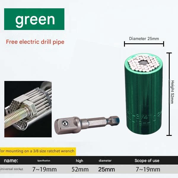 Green Universal Socket Set 7-19mm - Steel Construction - Multi-function