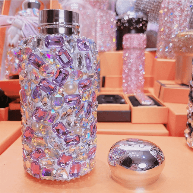 Purple Square Crystal Handmade Diamond Insulated Water Bottle - 260 ml