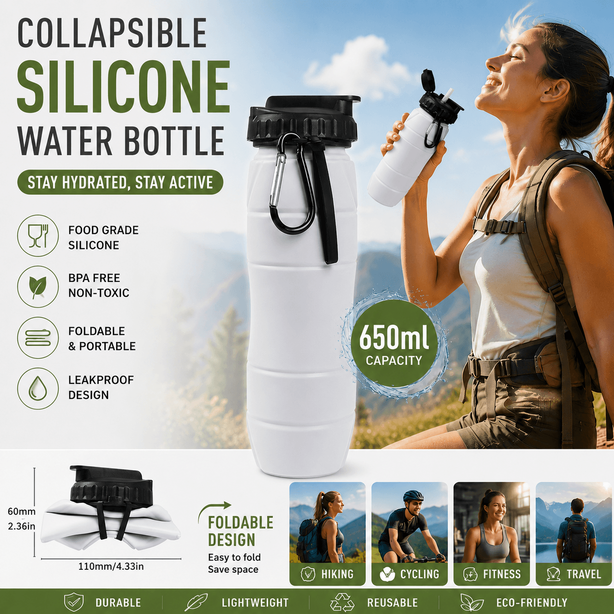 Gray Collapsible Silicone Water Bottle - 650 ml Foldable Travel Bottle