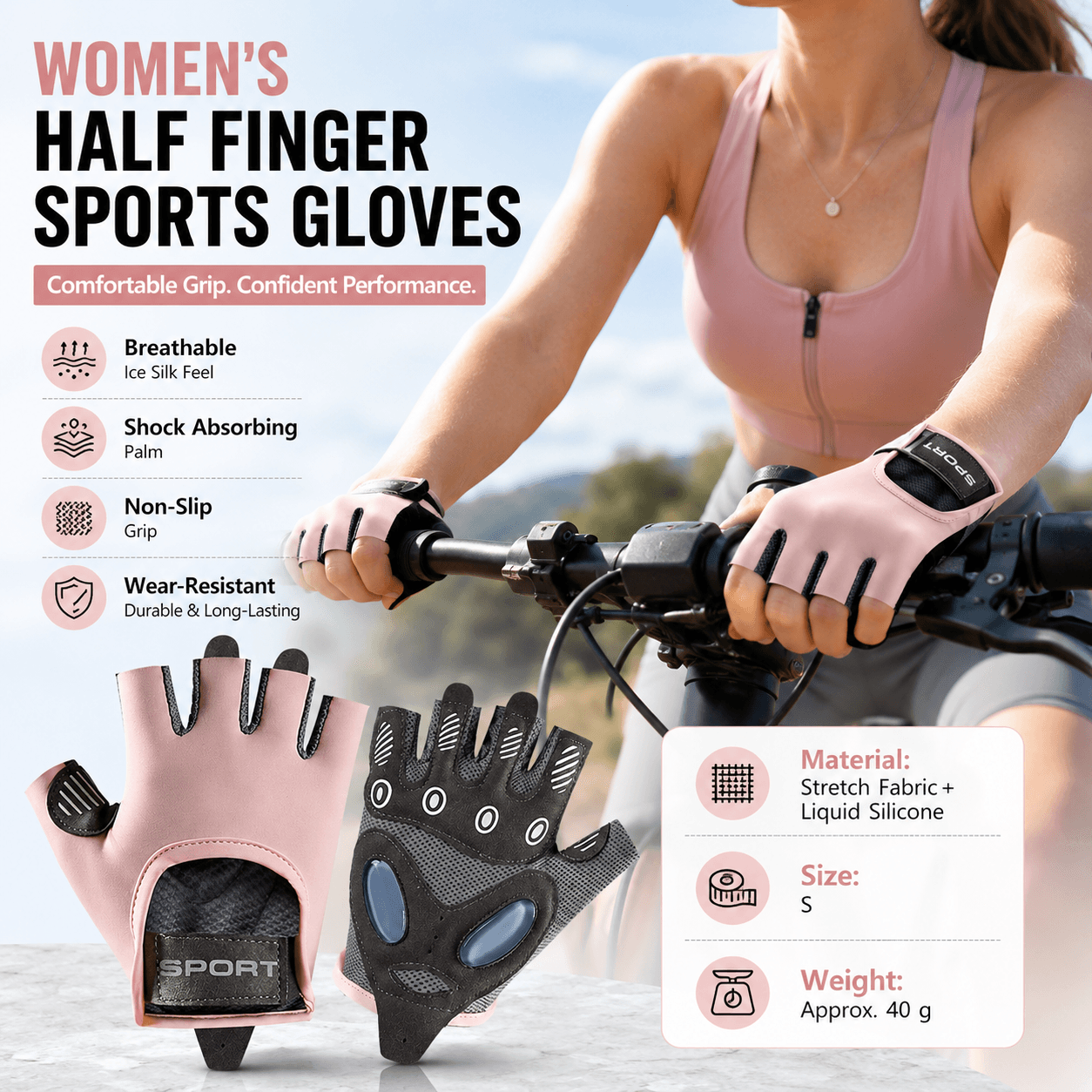 Pink S size Women's Half-Finger Fitness Gloves - Liquid Silicone Shock